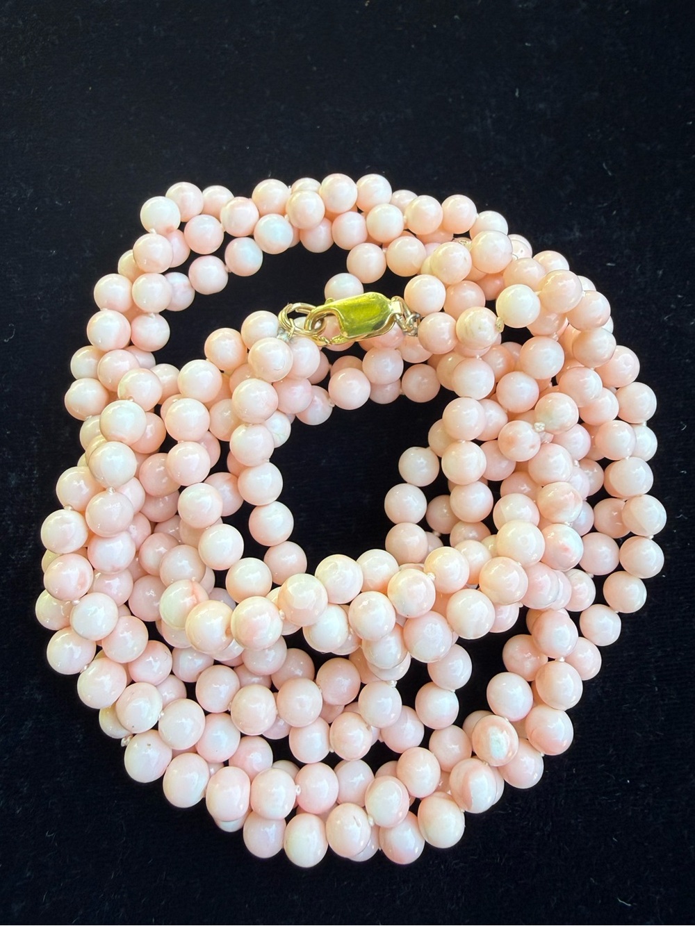 Vintage 14K Gold & Angel Skin Coral Multi Strand Beaded Torsade Necklace 74.4 G